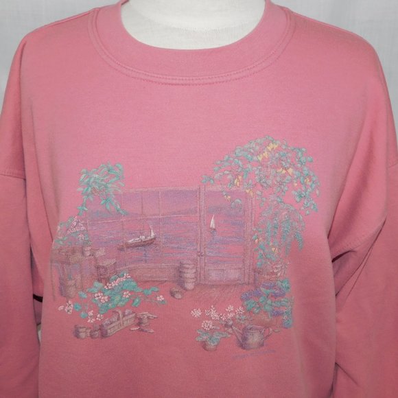 VTG 90s Northern Reflections Womens L Pink Plants Boats Graphic Sweatshirt - Picture 2 of 8